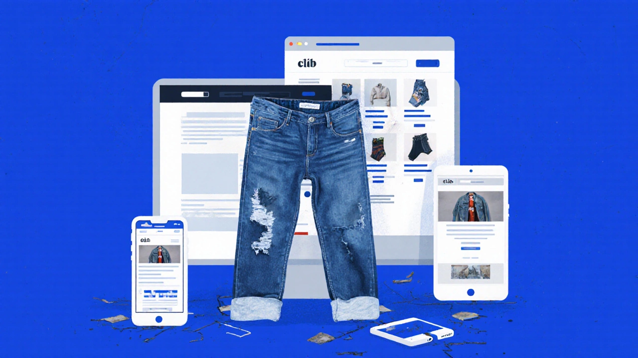 A pair of jeans transforming into a responsive website adapting across multiple devices.