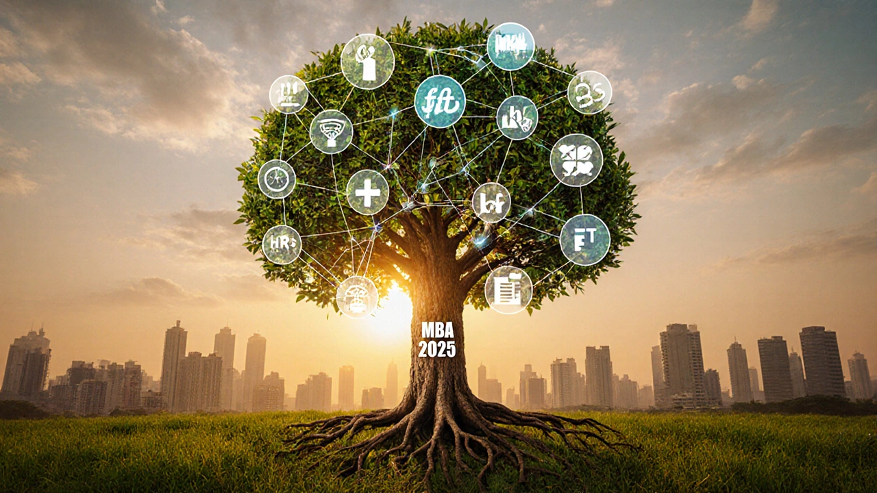 A symbolic tree with MBA specializations as roots and branches, growing in an Indian urban setting.