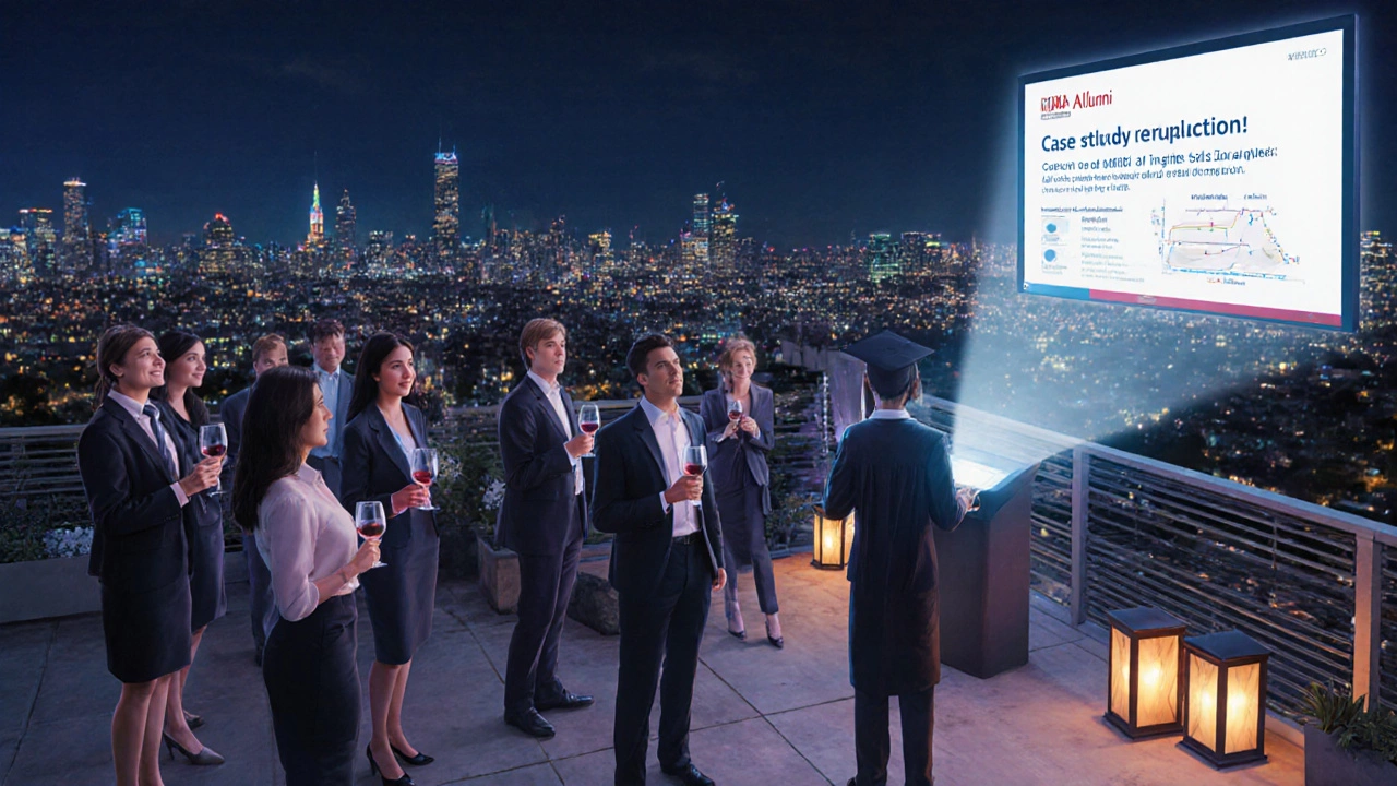 Alumni rooftop networking event with a graduate presenting a holographic case study.