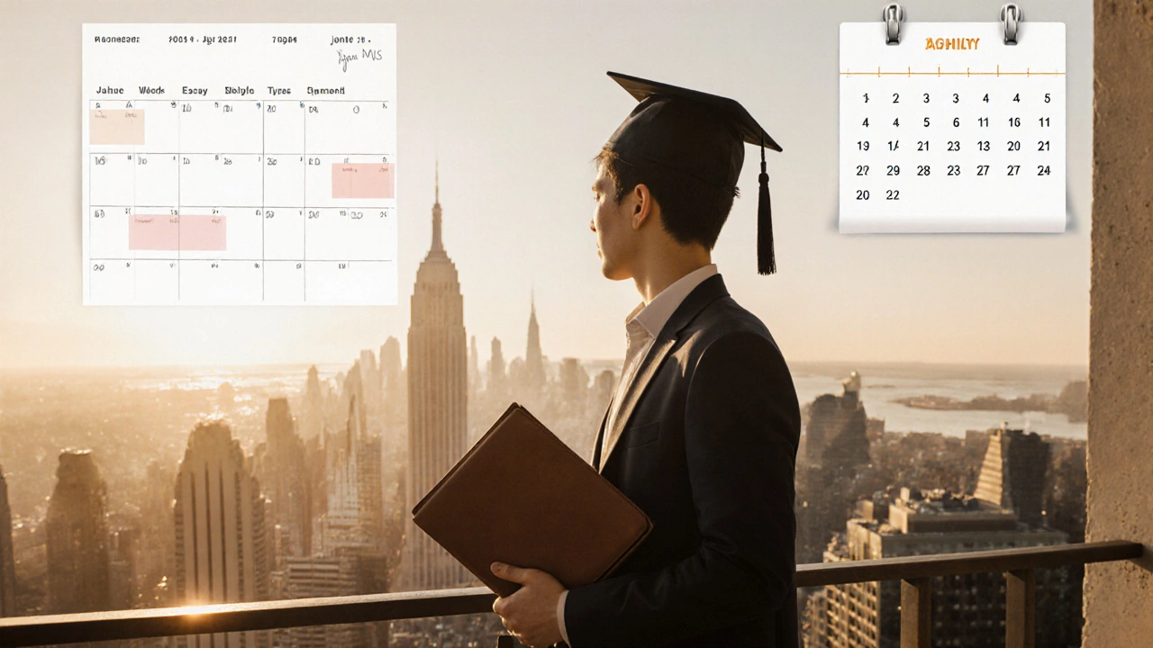 Applicant on a balcony at sunrise, holding a portfolio and cap, with a marked calendar behind.