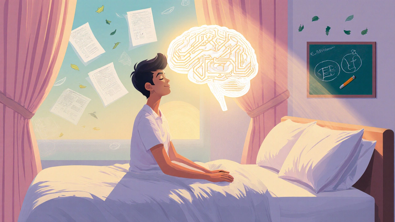 Aspirant waking refreshed at dawn with a glowing brain aura and faint exam paper outlines.