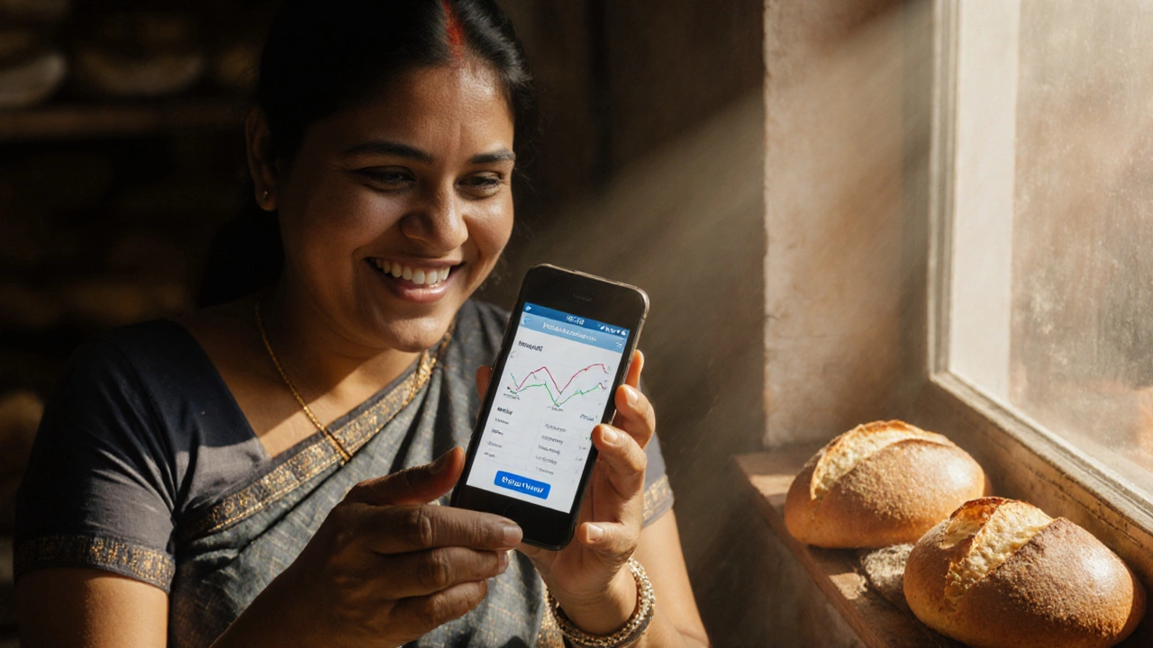 Bakery owner in Coimbatore viewing mobile orders on her smartphone with sunlight on fresh bread.