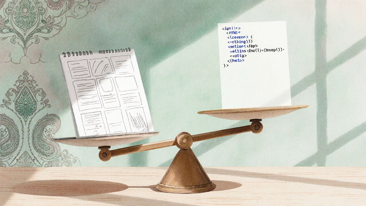 Balance scale comparing hand‑drawn wireframe sketches with a snippet of HTML code.