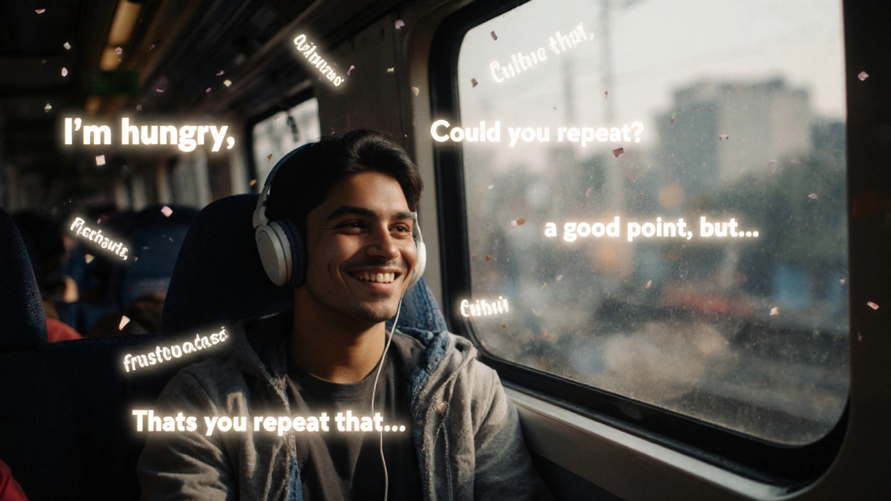 Commute scene with someone listening to English podcast, floating useful phrases drifting around them in a dreamy style.