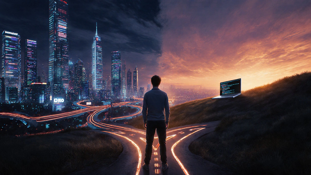 Developer at dusk crossroads choosing between a futuristic Django city and a simple laptop script.