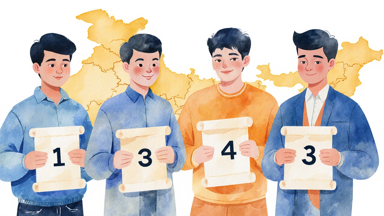Four young prodigies posed together with symbolic scrolls against a subtle Indian map backdrop.