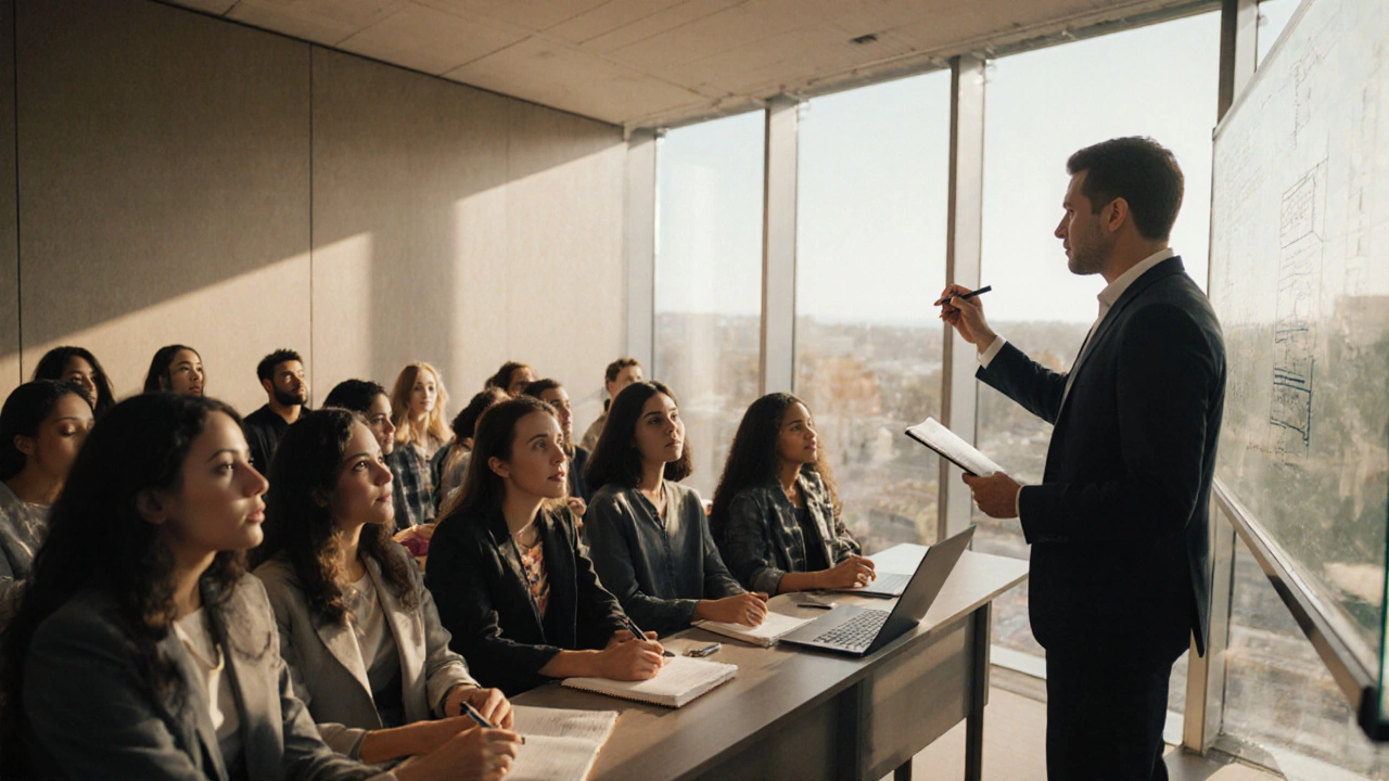 Full‑time MBA classroom with engaged diverse students and professor under bright daylight.