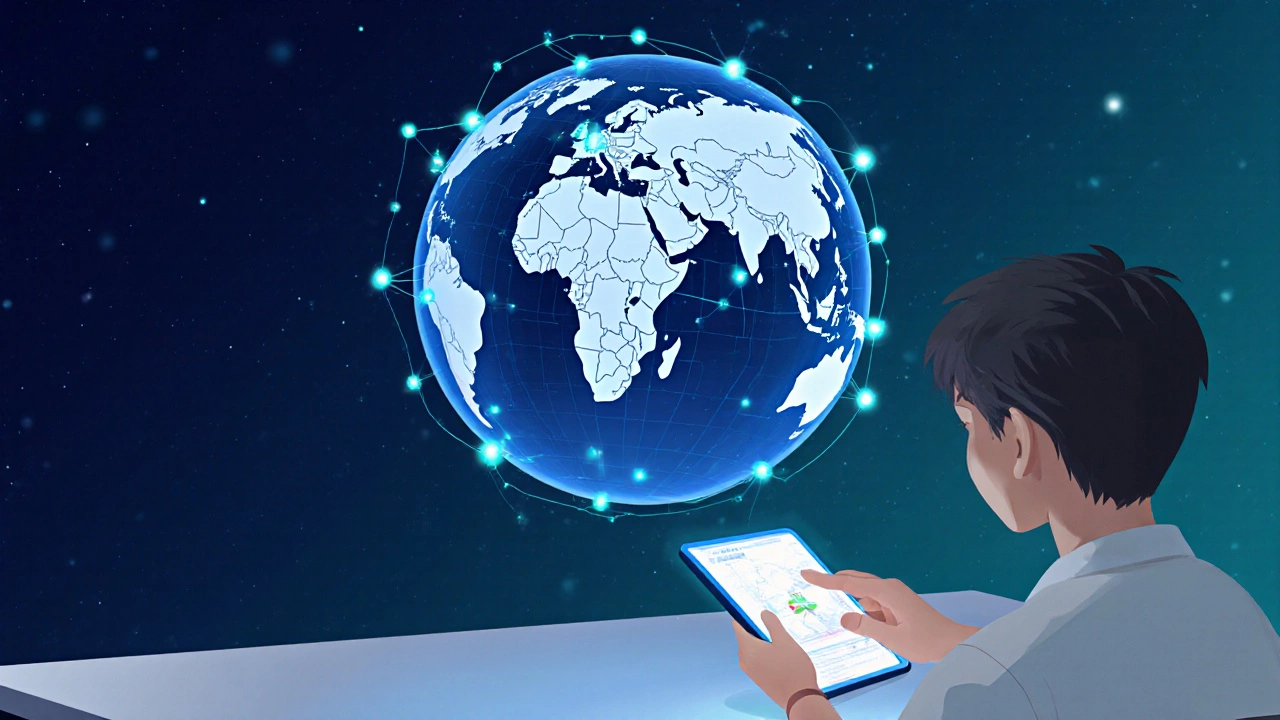 Futuristic holographic globe showing CBSE network nodes and a student using a tablet.