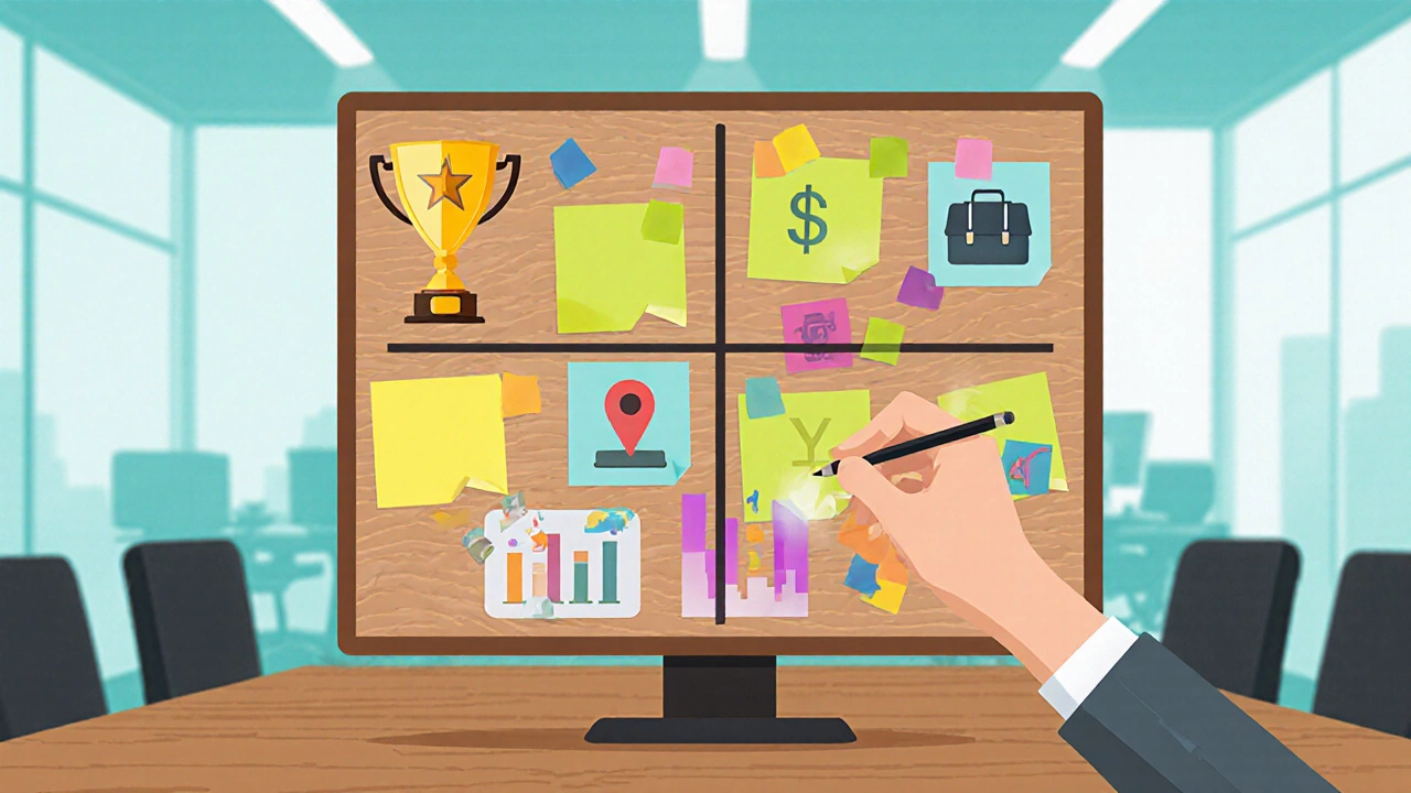 Hand arranging colorful sticky notes and icons on a board to create a decision matrix.