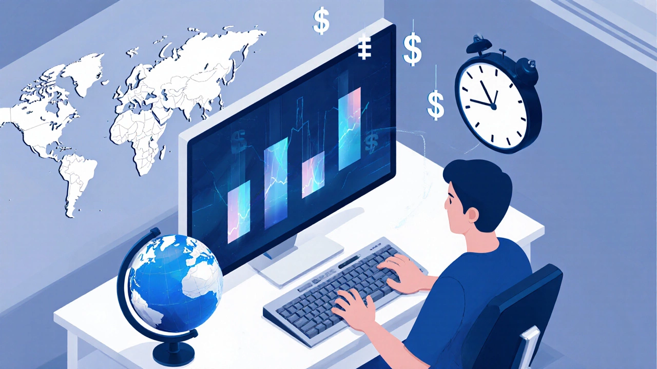 Home office with monitor showing abstract salary icons and a floating world globe.