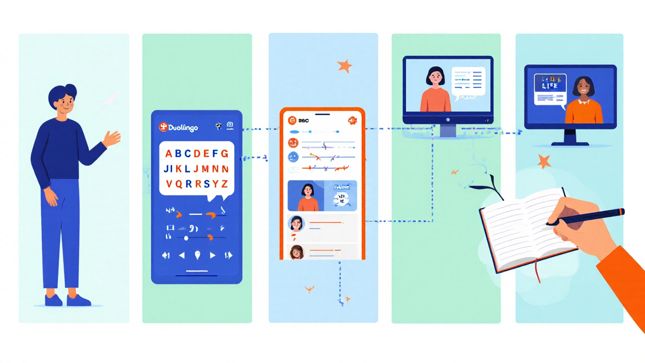 Illustrated step‑by‑step daily English speaking routine with five activities.