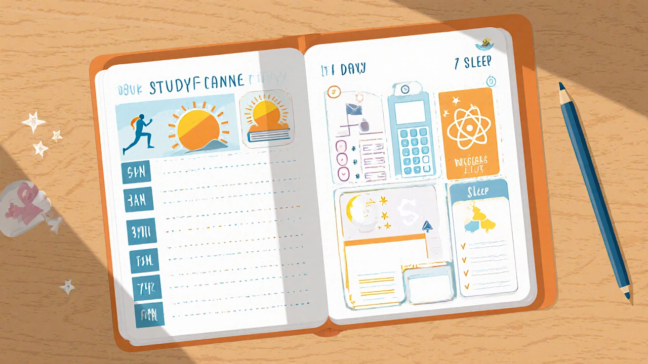 Illustrated weekly planner showing icons for exercise, study, mock tests, and sleep.