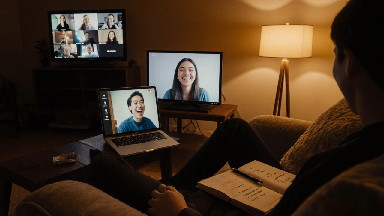 Learner video‑calling a partner while reviewing progress in a cozy room.