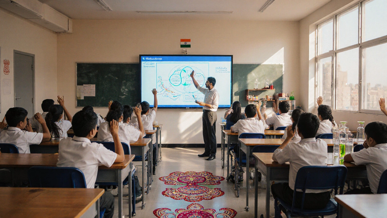 Modern overseas CBSE classroom with diverse students and subtle Indian décor.