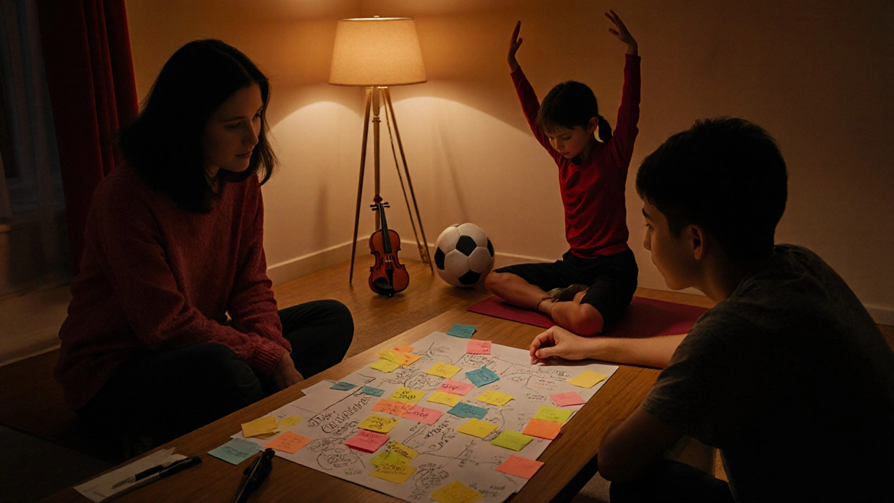 Parent and child reviewing a study plan in a cozy room, with sports gear and a yoga pose nearby.