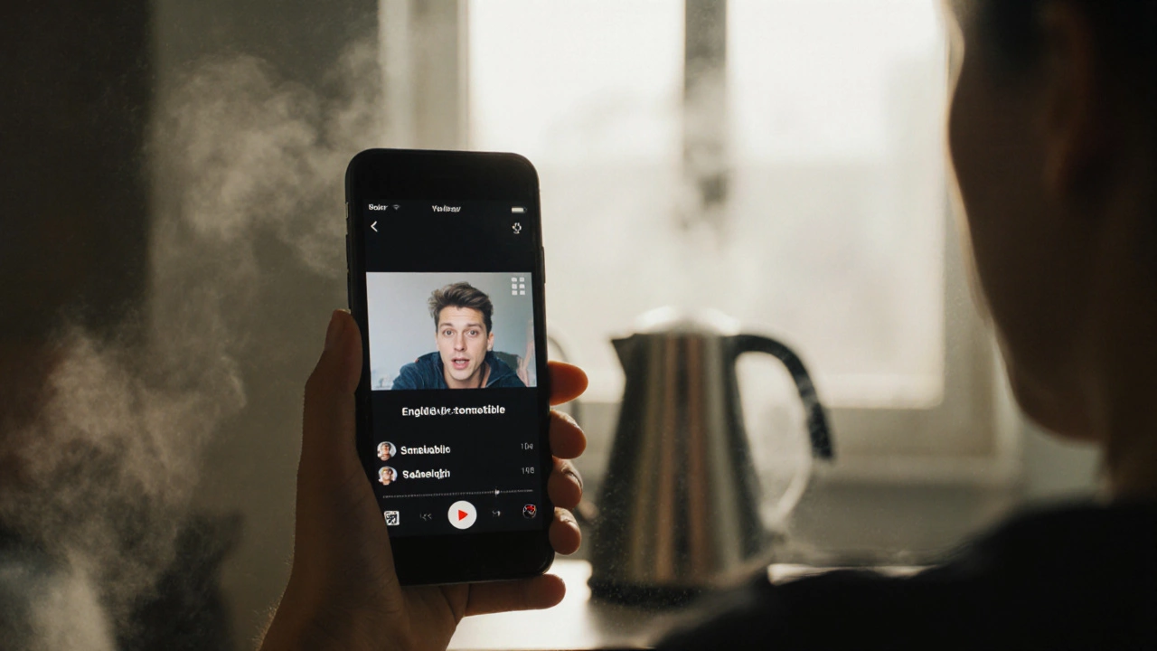 Person repeating English phrases from a phone clip in front of a bathroom mirror, steam rising from a kettle nearby.