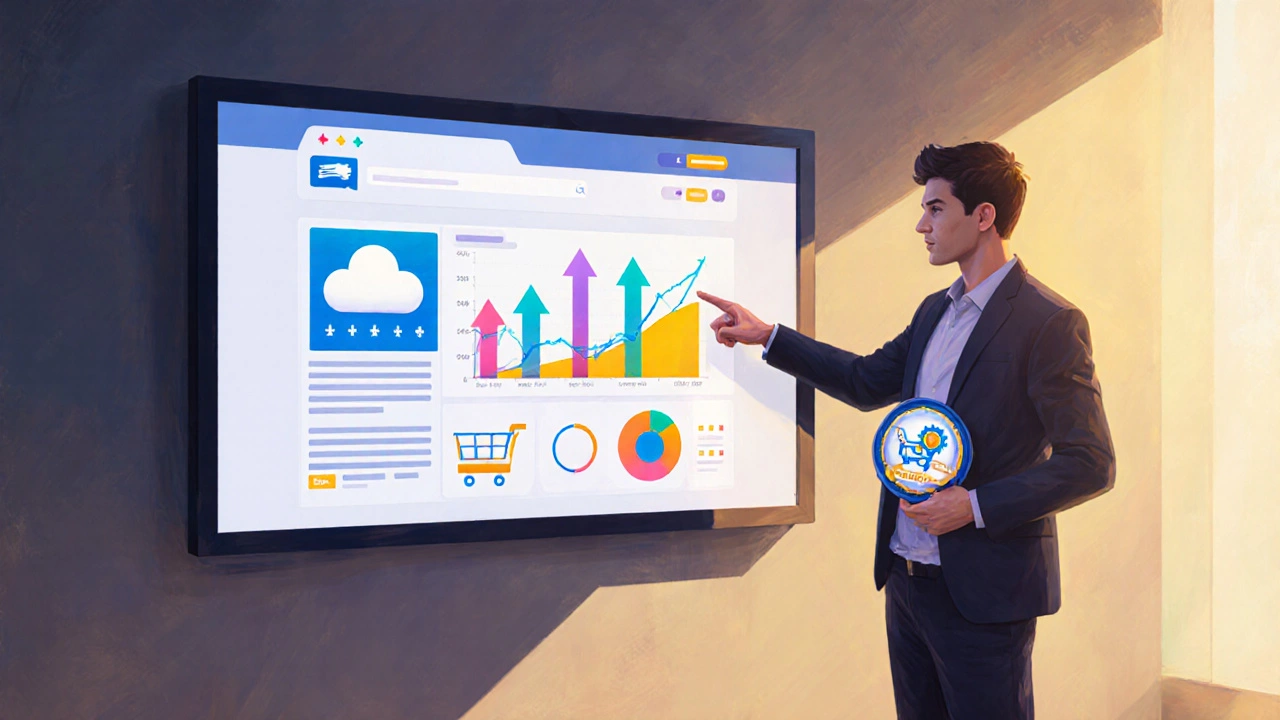 Senior developer presenting a portfolio with visual metrics and a certification badge.