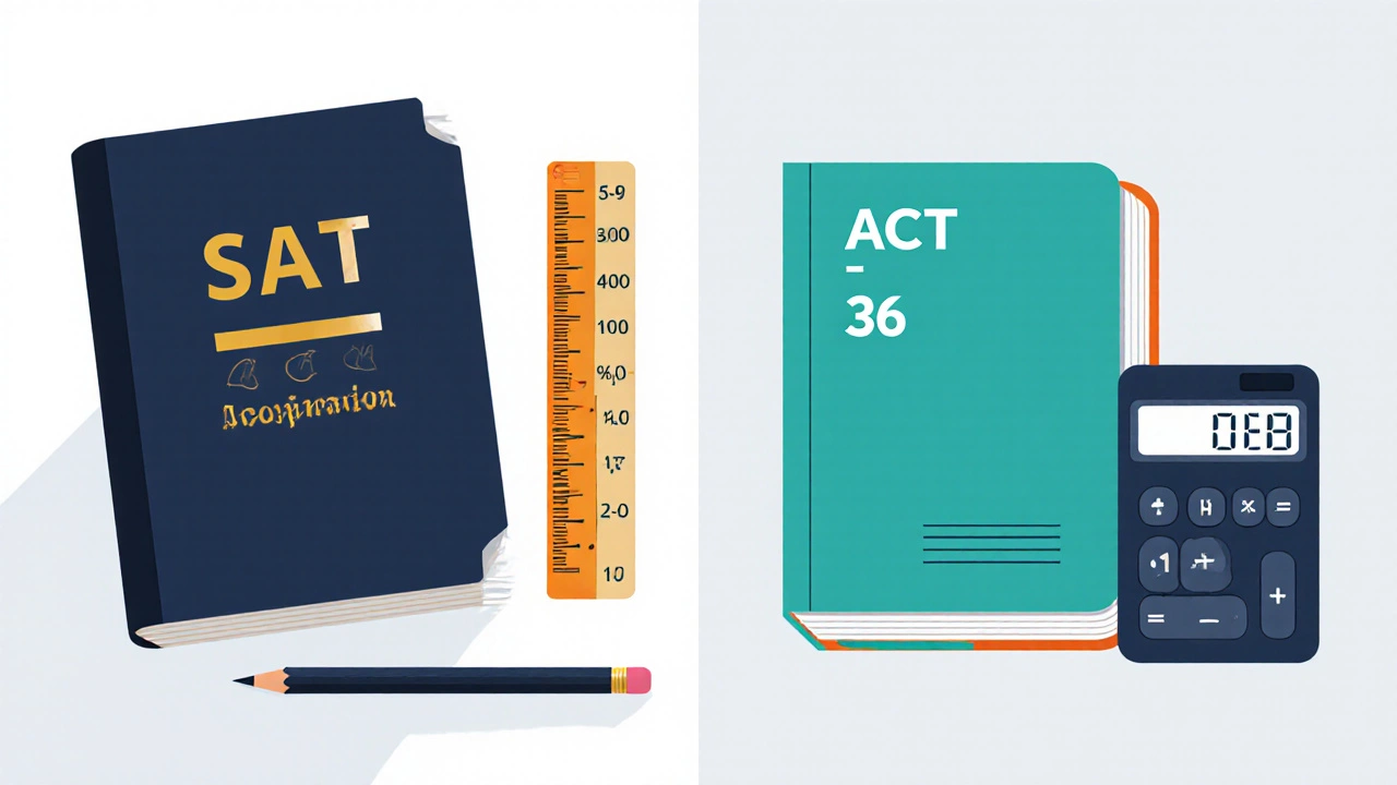 Side‑by‑side illustration of SAT and ACT test materials on a desk.