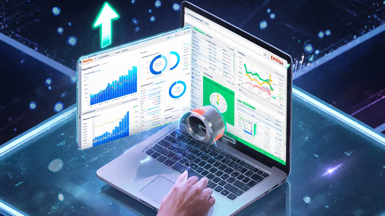 Split-screen of Ahrefs and SEMrush dashboards with a laptop analyzing data.
