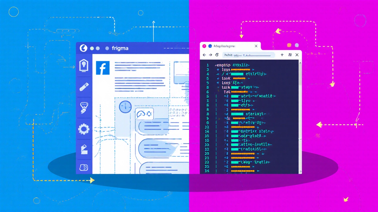 Split view of design prototype in Figma and corresponding HTML/CSS code in a browser.