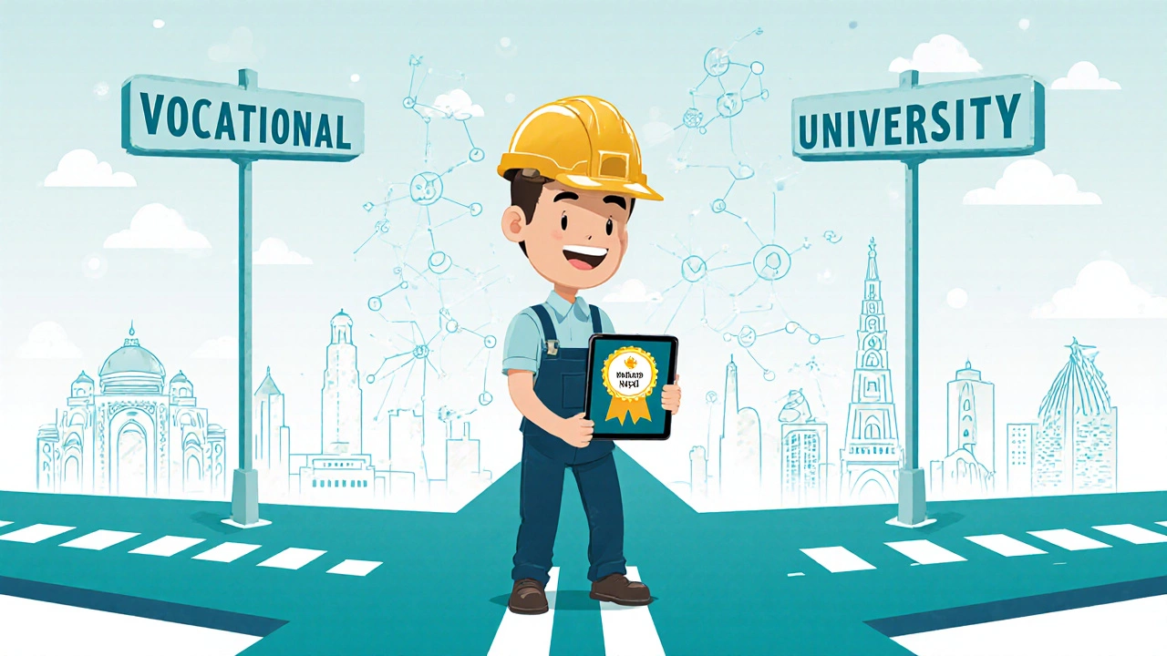 Student at a crossroads holding a tablet, symbolizing blended vocational and academic paths.