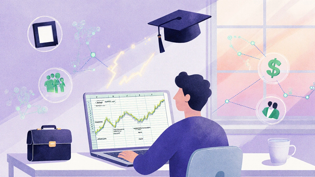 Student juggling study, work, and family while tracking MBA ROI toward graduation.