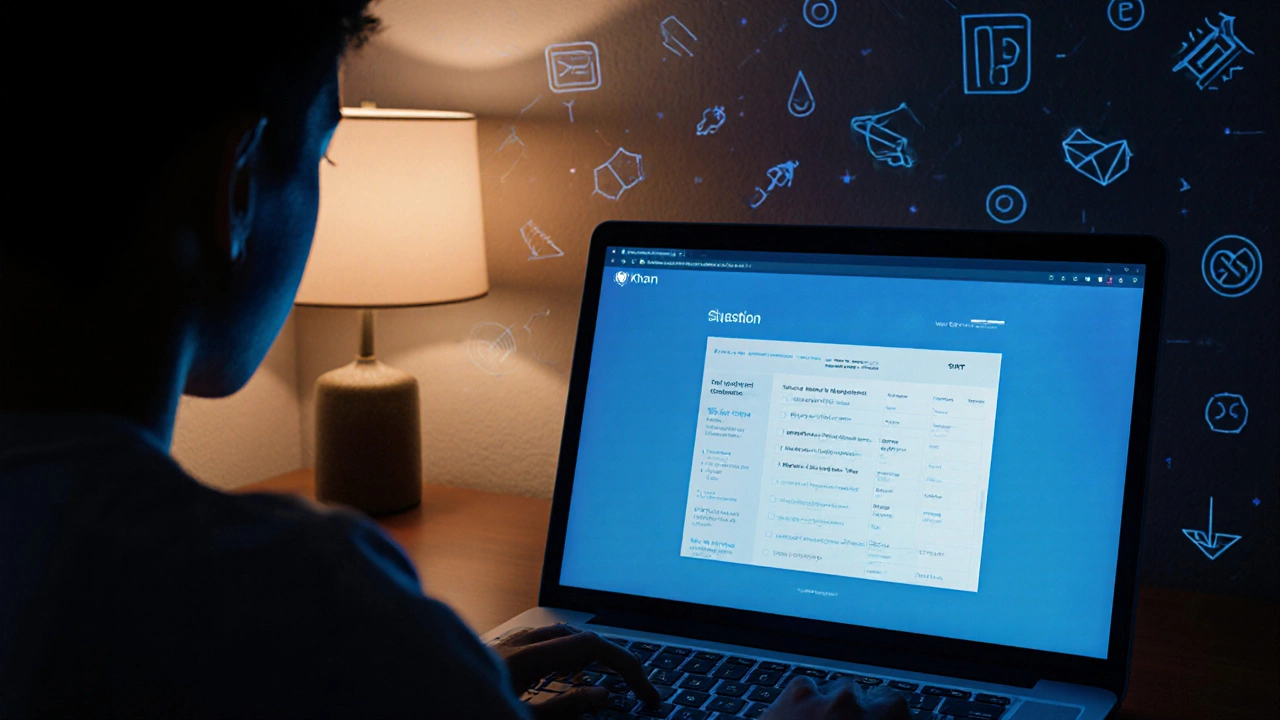 Student using a laptop for the digital SAT at home with warm lighting.