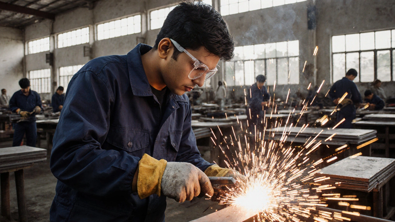 Student welding in an Indian vocational training workshop, sparks flying.