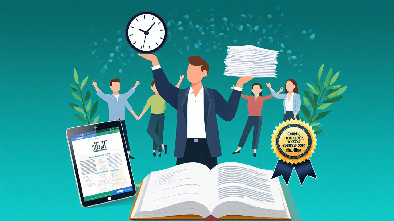 Teacher balancing clock, papers, and discipline badge with peers and resources.