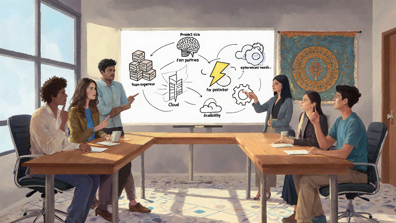 Team discussing project factors around a whiteboard with icons.