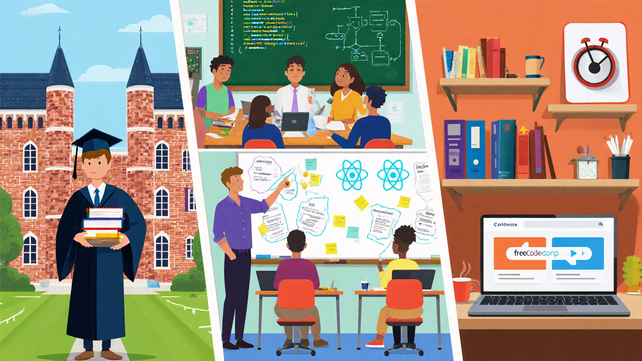 Three-panel illustration comparing university study, bootcamp, and self‑study at home.