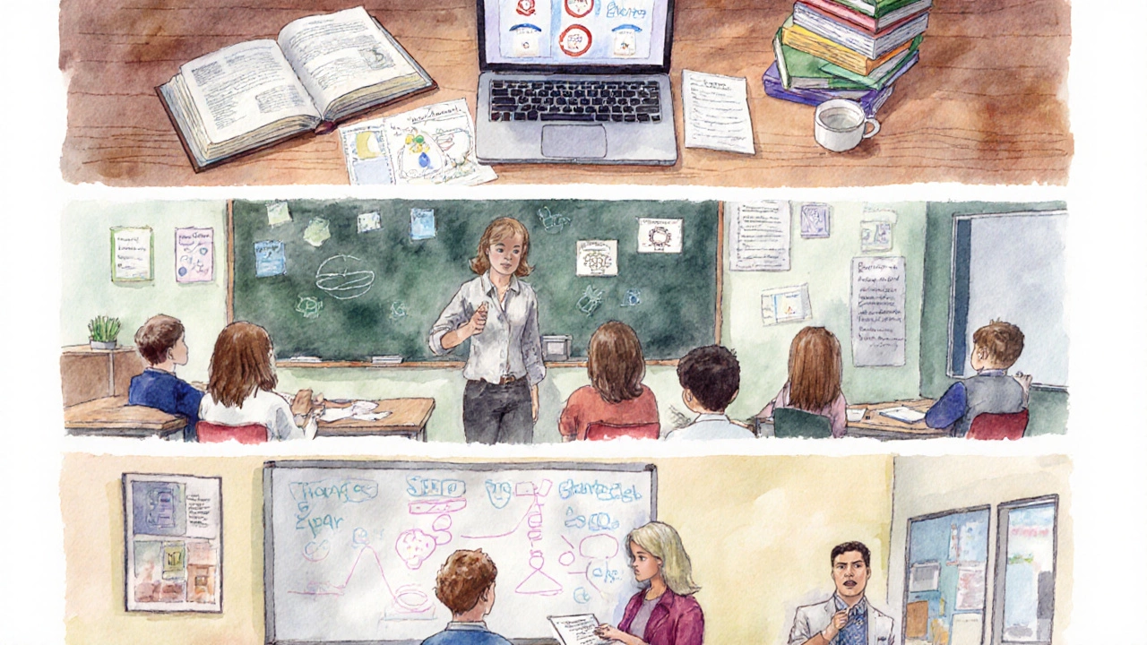 Three-panel watercolor of study, classroom teaching, and mentor feedback meeting.