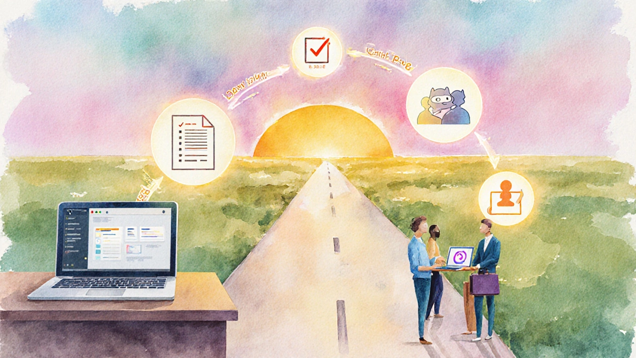 Watercolor path of career milestones ending at a sunrise horizon.