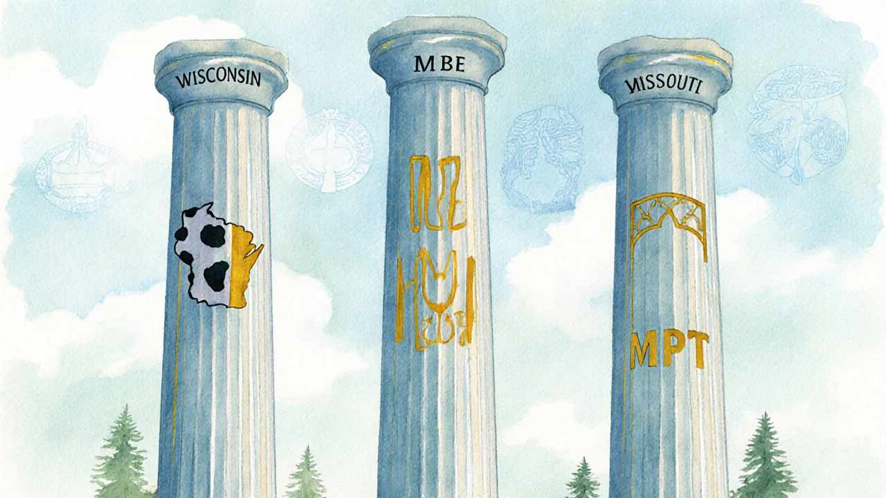 Watercolor pillars symbolizing Wisconsin, Missouri, and Idaho with subtle state motifs against a pastel sky.