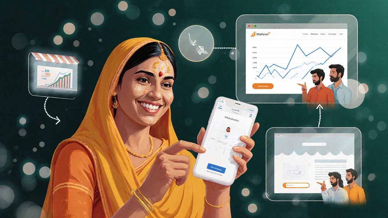 A chai shop owner smiling at her new website on a phone, with floating icons showing increased sales and referrals.