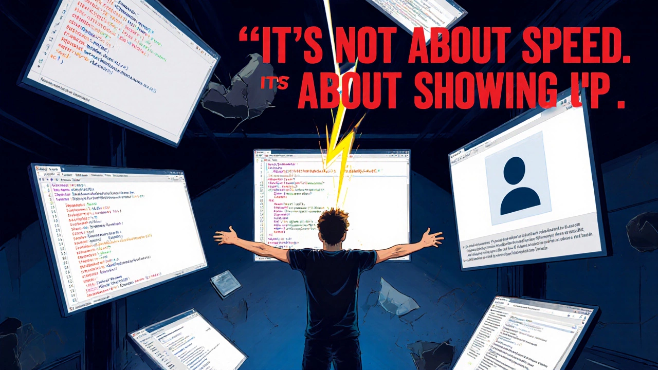 A developer surrounded by floating error screens, suddenly enlightened by a burst of insight.