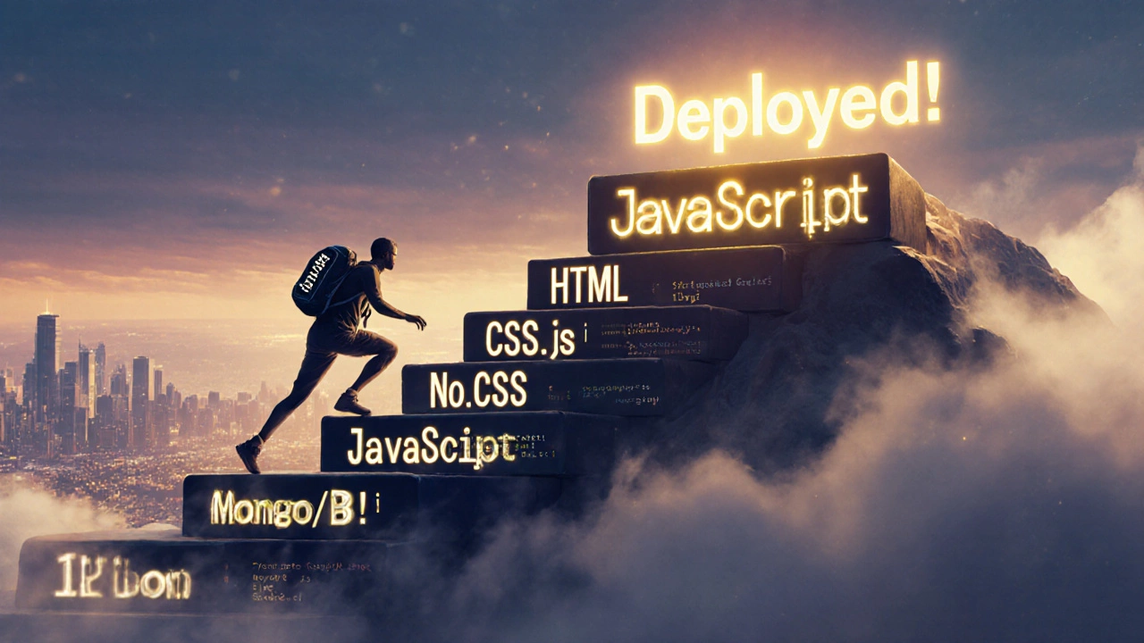 A person climbing a mountain made of coding languages, reaching a summit glowing with &#039;Deployed!&#039;