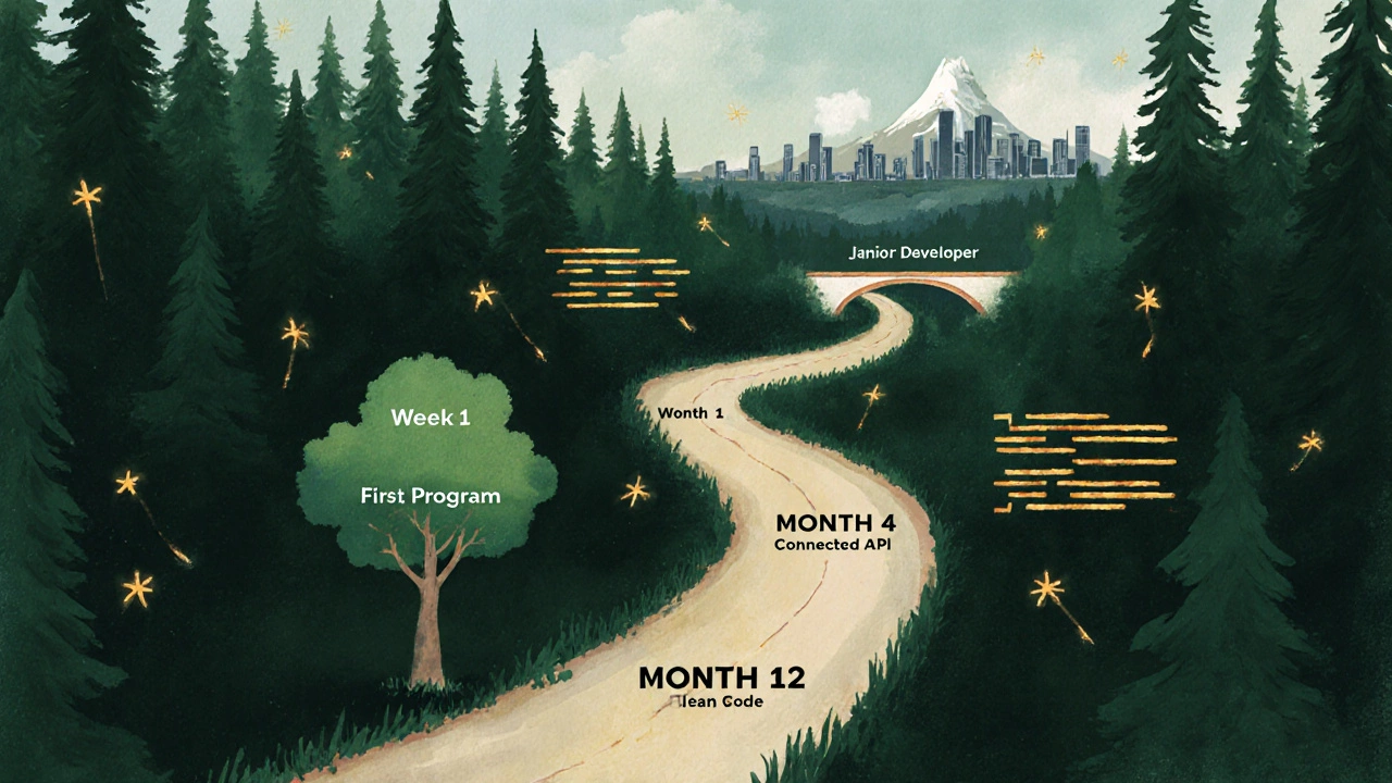 A winding forest path with milestones representing coding progress, lit by glowing code fragments.