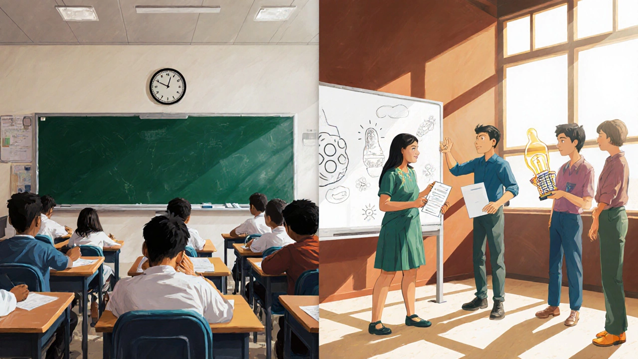 Contrasting Indian exam hall and US seminar with students debating and building inventions.