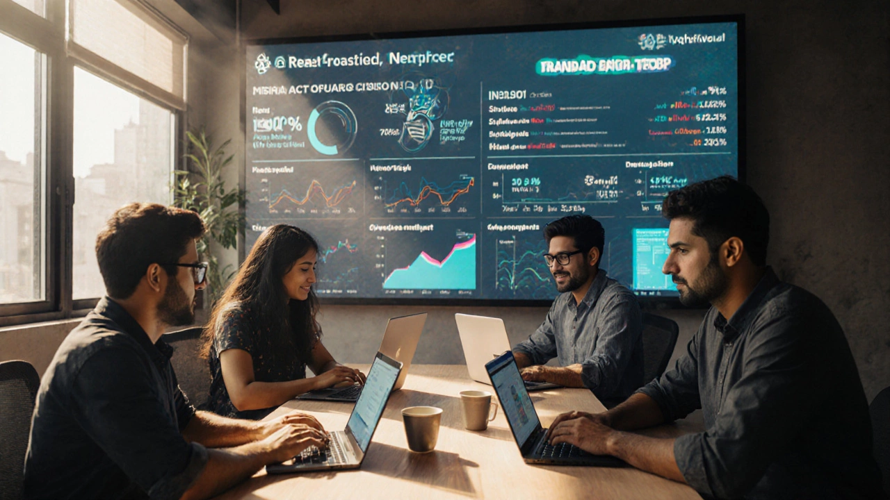 Global developers collaborating in a co-working space with React dashboards