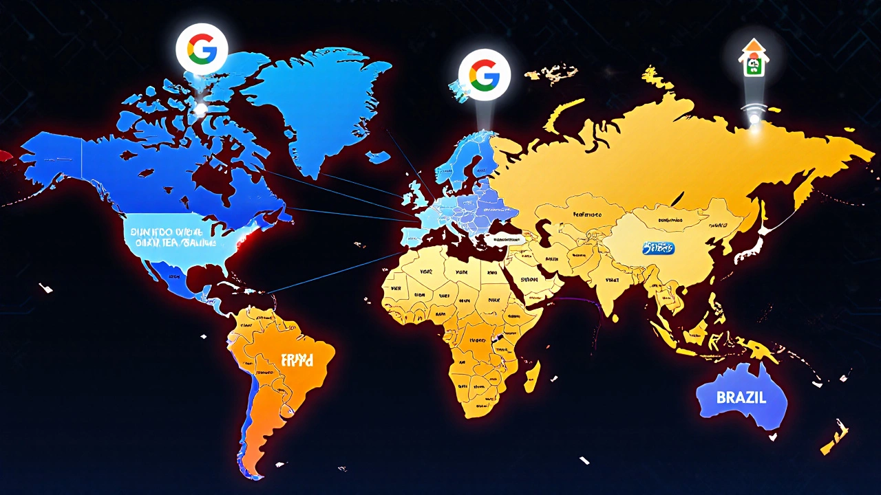 Global map showing web developer salaries in U.S., Germany, and India with tech icons