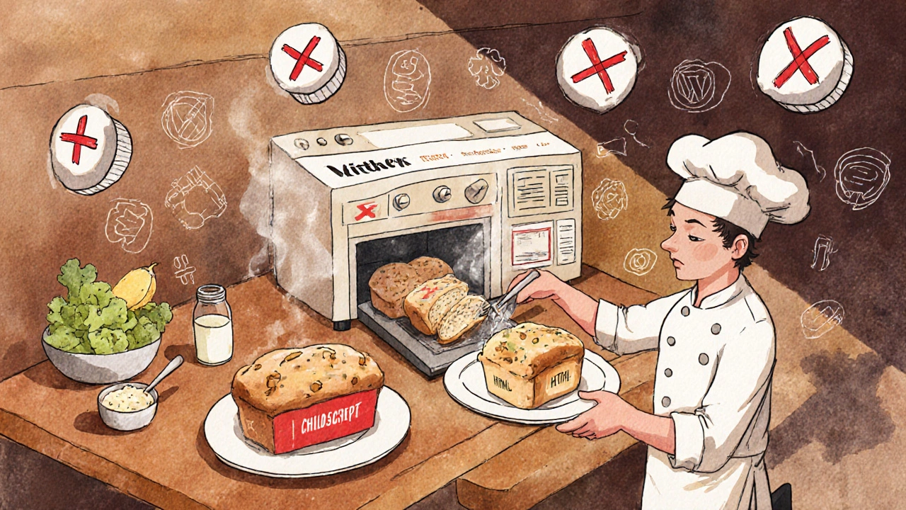 Kitchen metaphor showing coding ingredients baking into a custom WordPress theme on a plate.