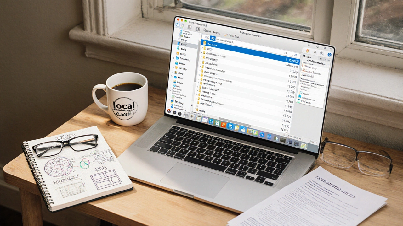 Overhead view of WordPress development workspace with code files, notebook, and Local by Flywheel mug.