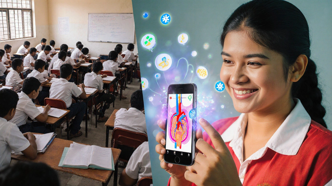 Rural student learning NEET biology through animated videos on a smartphone, contrasting traditional coaching.