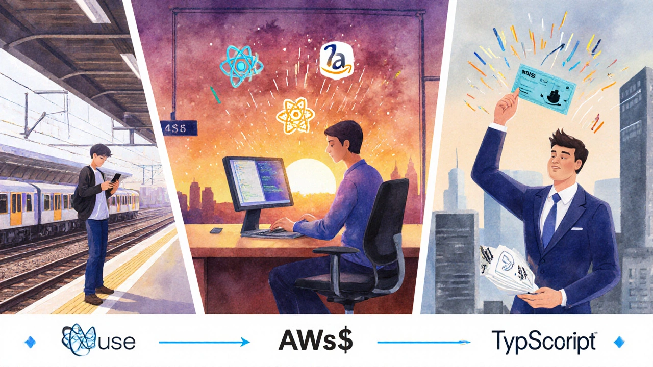 Timeline of a developer&#039;s journey from studying to earning a high salary with tech icons