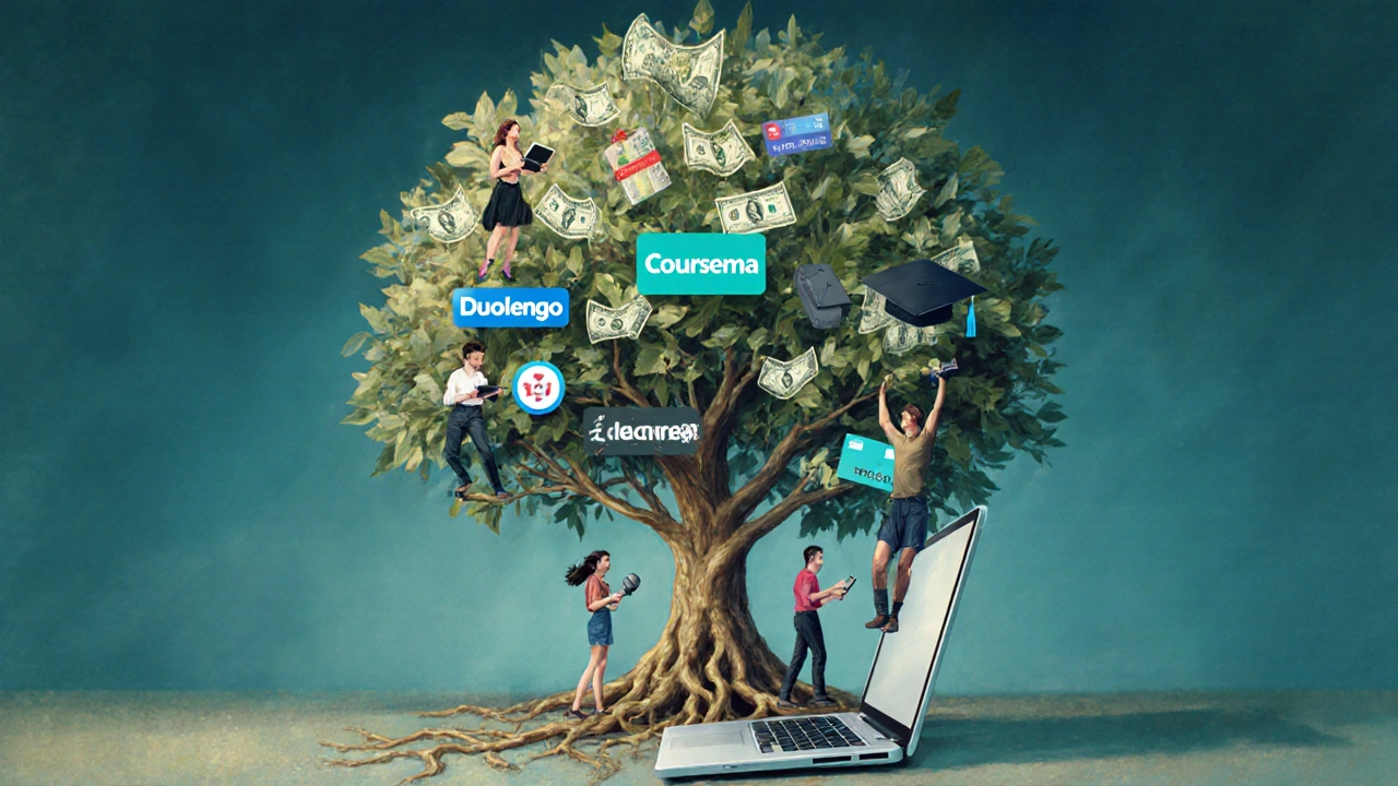 Tree growing from laptop with leaves as money and certificates, symbolizing earning through learning.