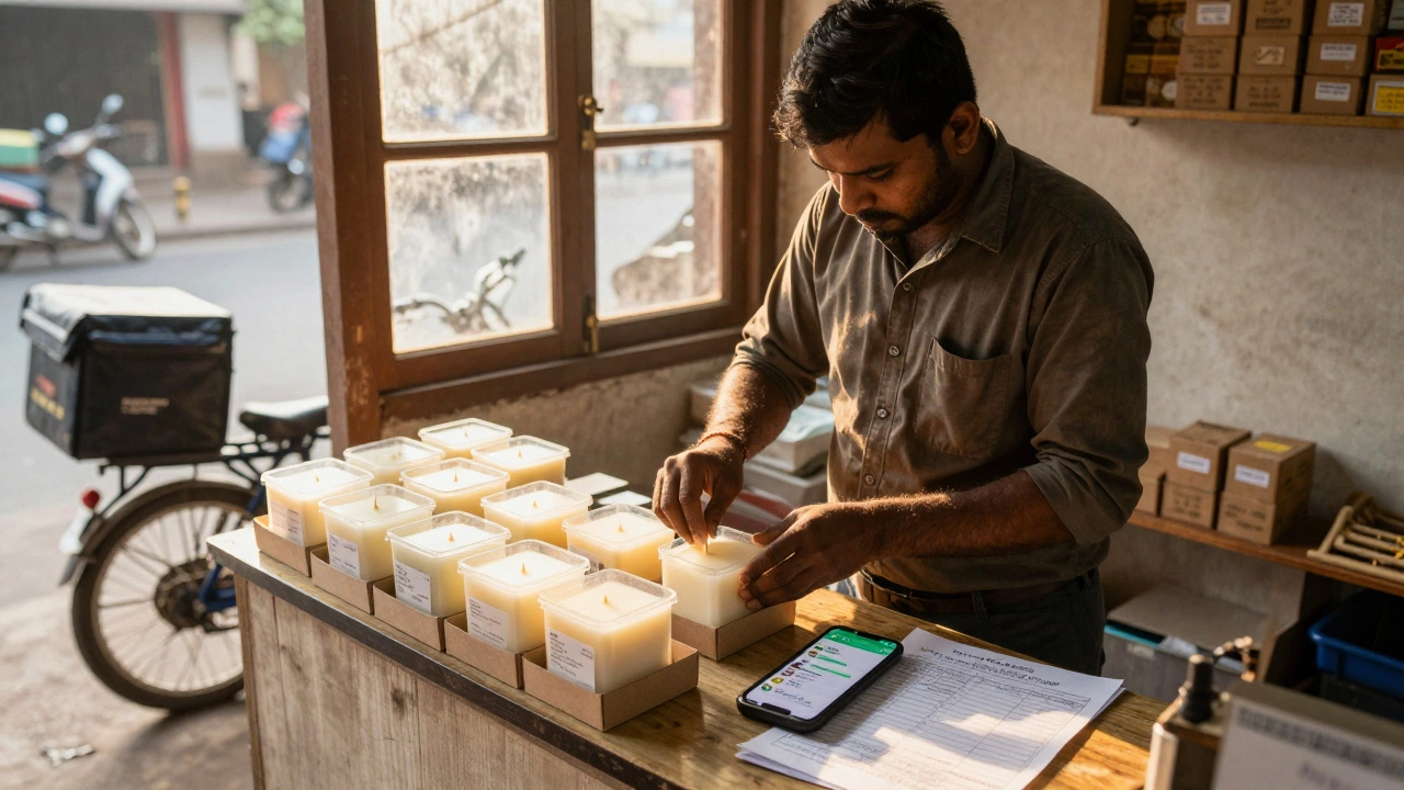 A bakery owner packing candles with WhatsApp orders and PhonePe payment on screen.
