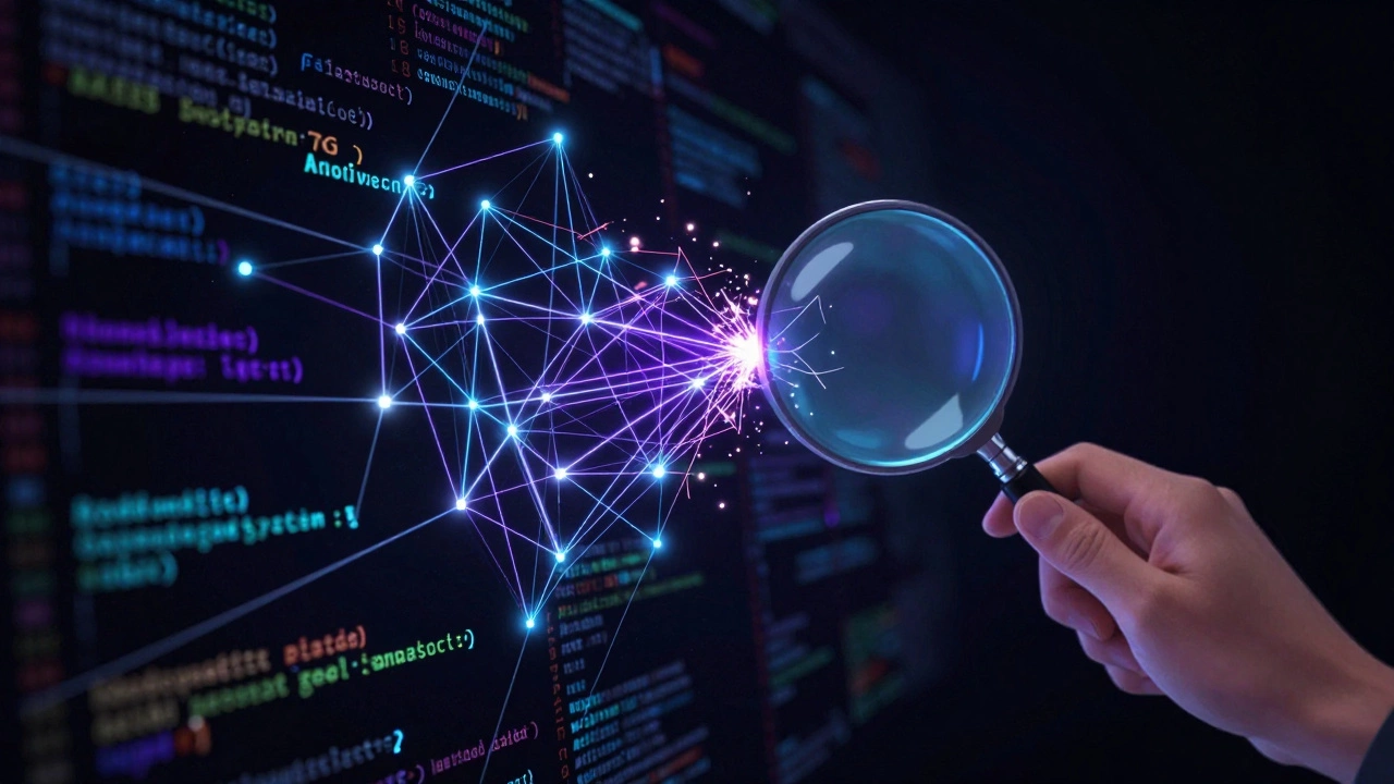 A glowing web of code dependencies with one fraying thread, illuminated by a magnifying glass.