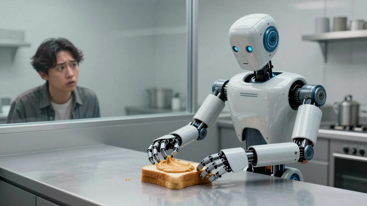 A robot spreading peanut butter on a counter while a person watches, illustrating miscommunication with computers.
