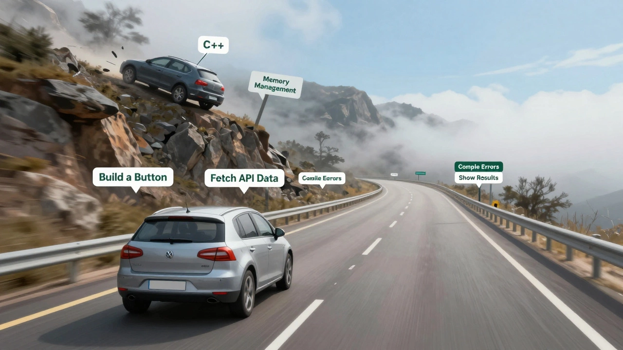A smooth highway labeled JavaScript leads to quick wins, while a rocky mountain road labeled C++ climbs steeply under fog.